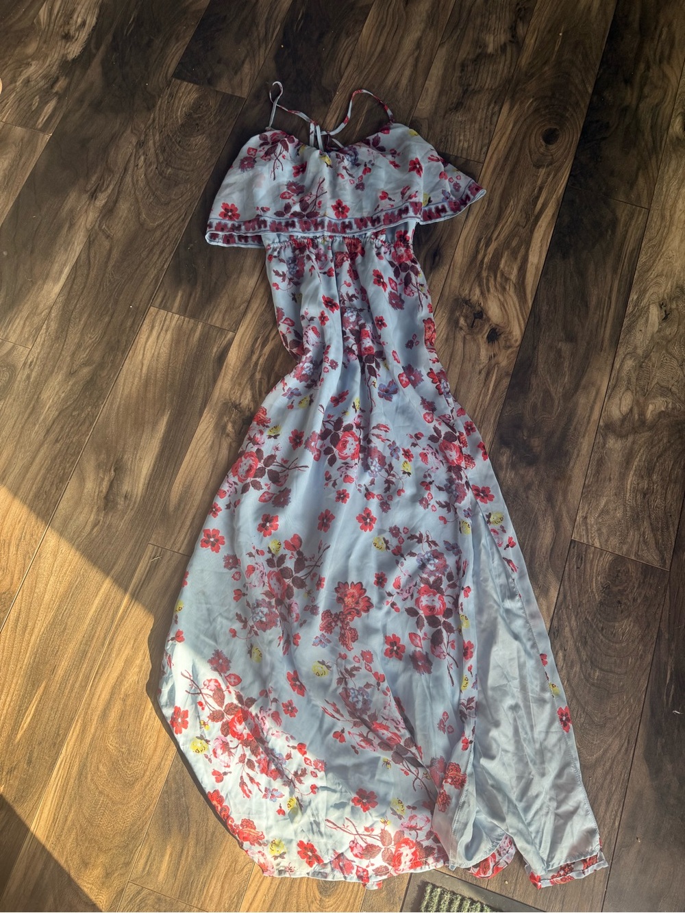 princess vera wang Light Blue Floral Slip Dress with Red & Yellow Accents